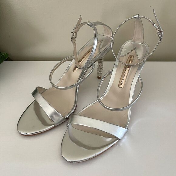 Sophia Webster Silver Rosalind Crystal Heel Sandals Size 40 Formal Ankle Strap - Picture 7 of 11